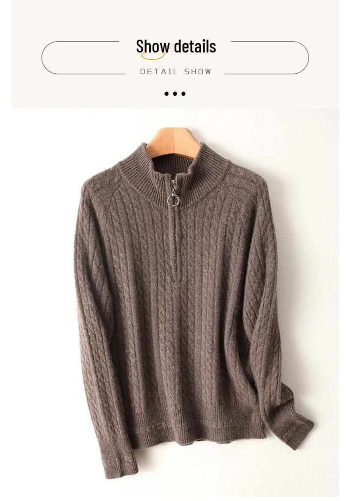 Women's 2025 French Retro Wool Knit Sweater - Autumn/Winter, Warm, Zipper Half-Collar, Cable Knit