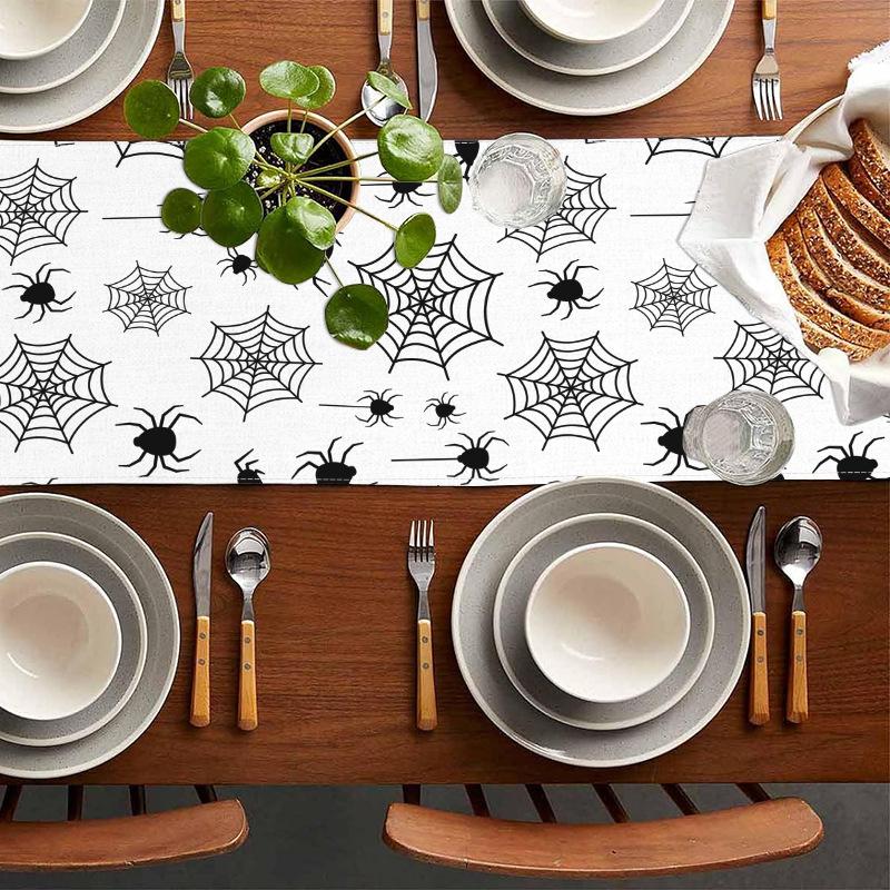 1pc White Black Halloween Table Runner with Spider Web Pattern Dustproof Durable Tablecloth for Halloween Theme Party Decoration