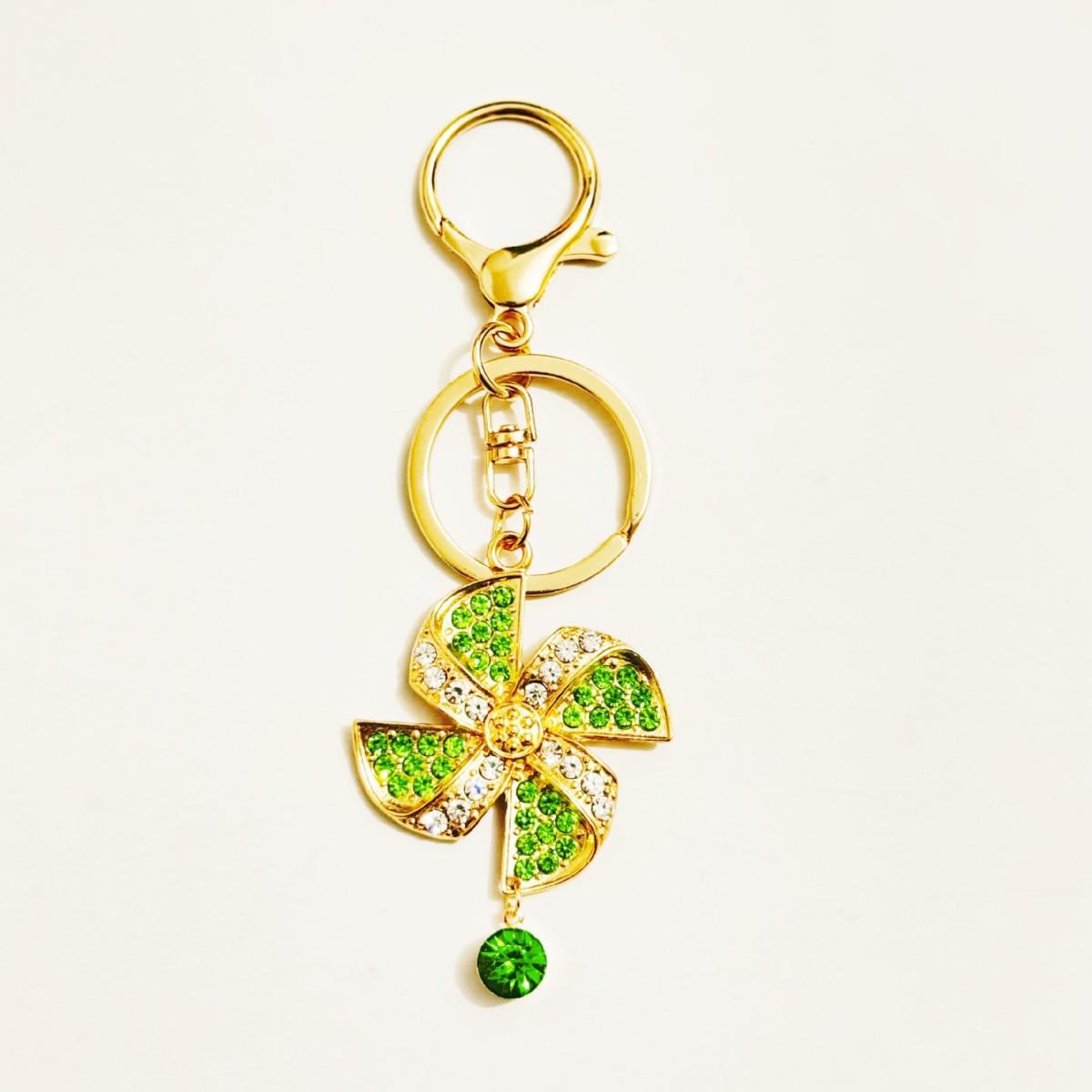 

Rhinestone Windmill Key Ring with Plush Pom-Pom Pendant зелёный