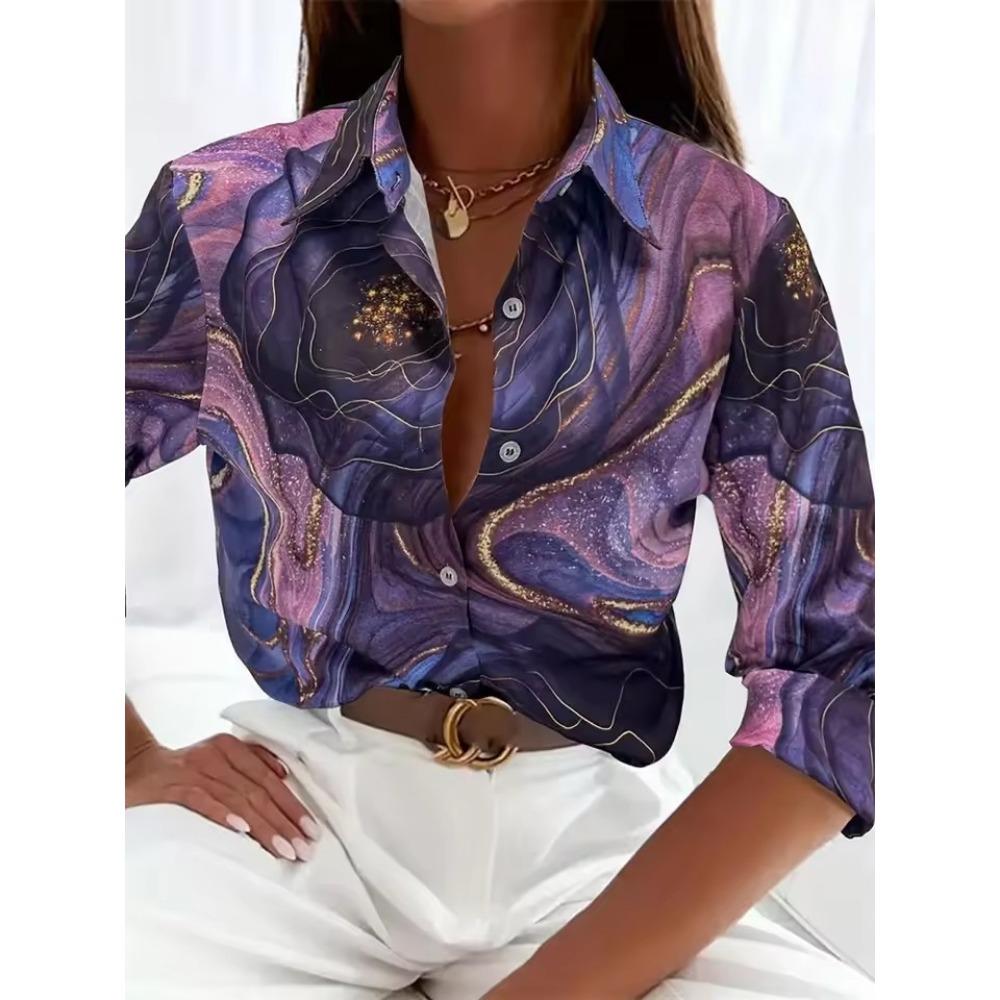 Women's  Fashion Geometric Buttons Blouse Lapel Neck Blouse Womens Long Sleeve Shirts Womens Clothing Female Clothing