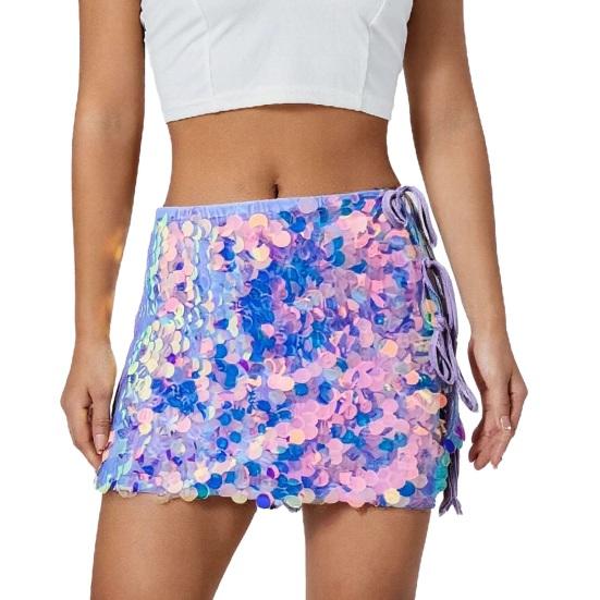 Dámská mini sukně s vysokým pasem, design se šněrováním na boku, krátká sukně, lesklé flitry, sukně obepínající boky, sexy párty sukně