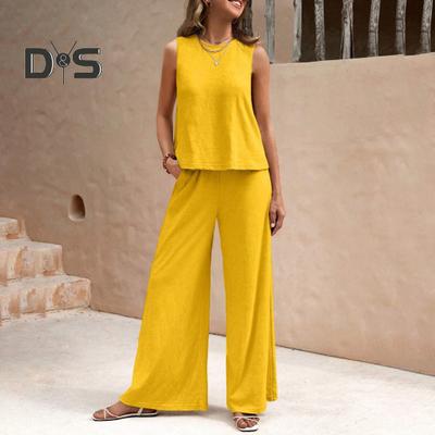 Completo da 2 pezzi da donna, con gilet e pantaloni, girocollo, senza maniche, tinta unita, a vita alta, pantaloni larghi, abbigliamento casual da vacanza, abbigliamento estivo da spiaggia
