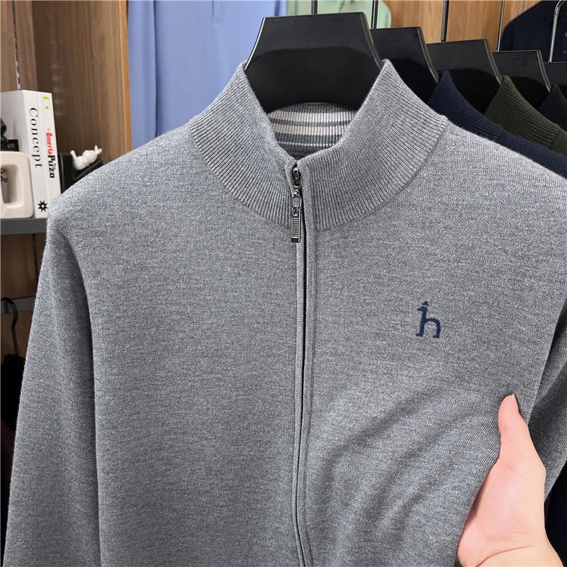 Haggis Men's 100% Wool Zipper Cardigan Sweater - Thick, Stand Collar, Autumn/Winter Style