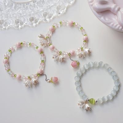 Sweet Vintage Pearl Lily Flower Bracelet For Women Korean Cute Tassel Pink Pendant Bracelet Jewelry