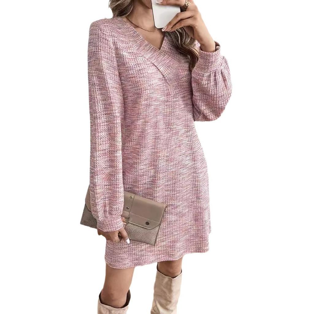 Women's Dress Fashion Casual Colorful Waffle Long Sleeve Loose Knee Dress