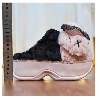 Harajuku Pantoletten Schleife Hasenohren Hausschuhe für Damen Outdoor Mules Schuhe Damen 6 cm Plateau flauschige Hausschuhe Goth Winter Zehensandalen