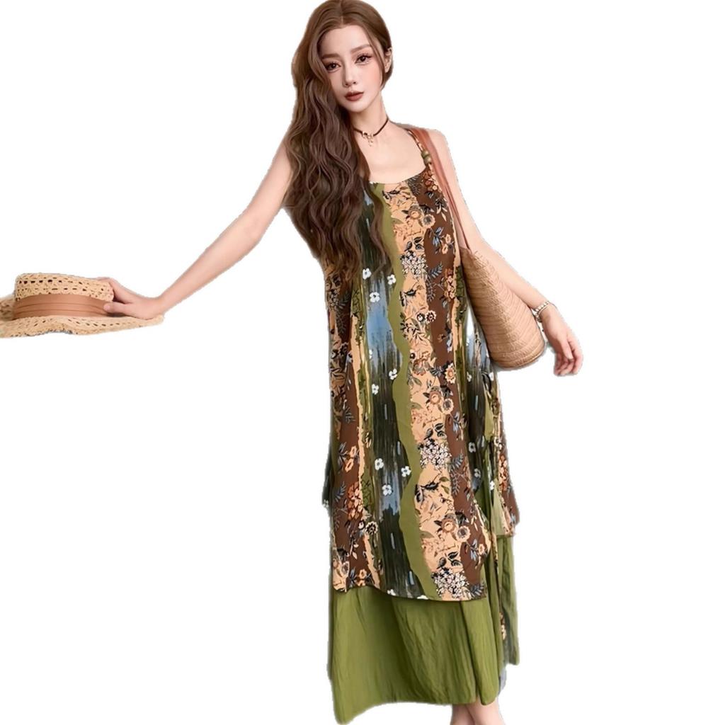 New Bohemian Sweet Flower Print Suspender Dress Women Yunnan Dali Vacation Ethnic Style