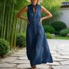 Damen Sommer Ärmellos Knopfleiste Tankkleid Stehkragen Lässig Baumwolle Leinen Langes Kleid Locker A-Linie Fließendes Strand Sommerkleid