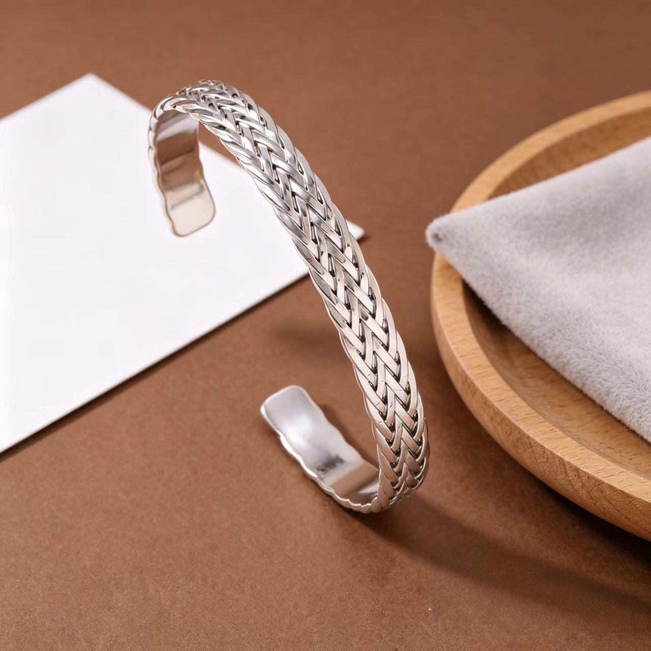 Women s Open Plaid Titanium Steel Bangle Bracelet 18K