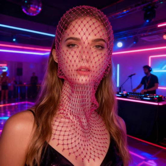 Fishnet Hat Rhinestones Design Hollow Hooded Hat Solid Color Breathable Elastic Fishnet Night Club Hat