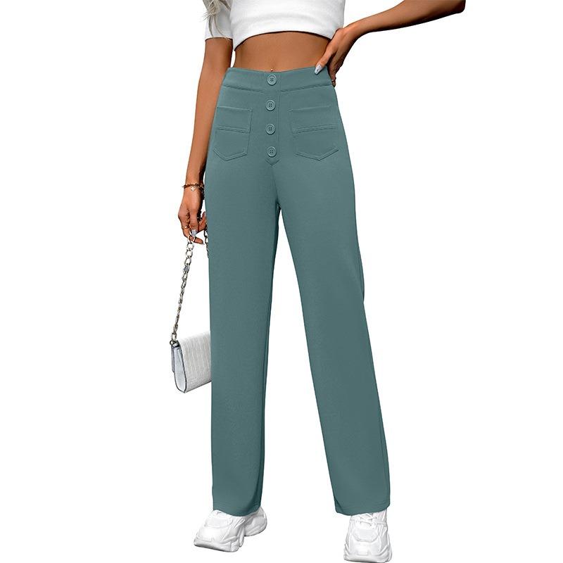 Women Casual High Waist Button Pocket Loose Straight Long Pants