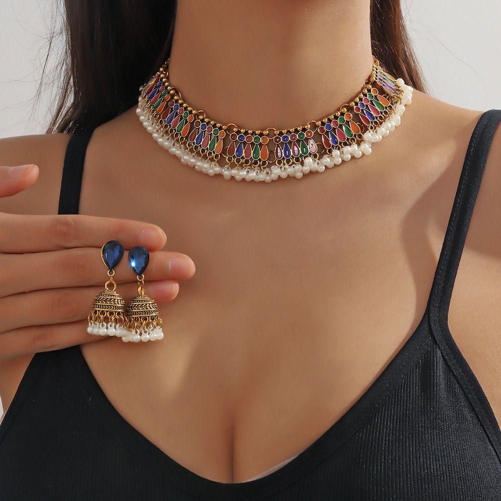 Zinc Zinc Alloy Oil Drop Necklace And Earring Ethnic Style Clavicle Chain Vintage Jewelry Set Birthday