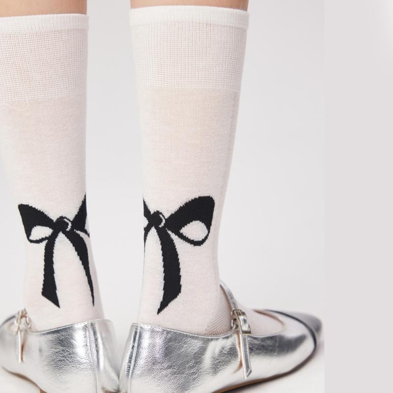 Cute Bowknot Pattern Long Calf Length Socks for Women and Girls Breathable Mesh Ribbed Student Cotton Stockings Hosiery
