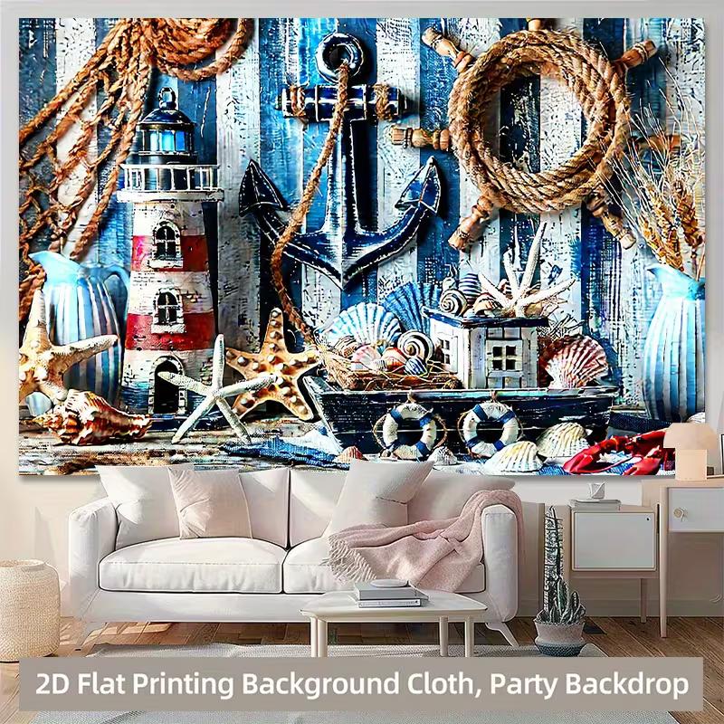 

2D Vintage Nautical Decor Tapestry, Lighthouse Starfish Seashell Background 47.2x31.5inch/120*80cm