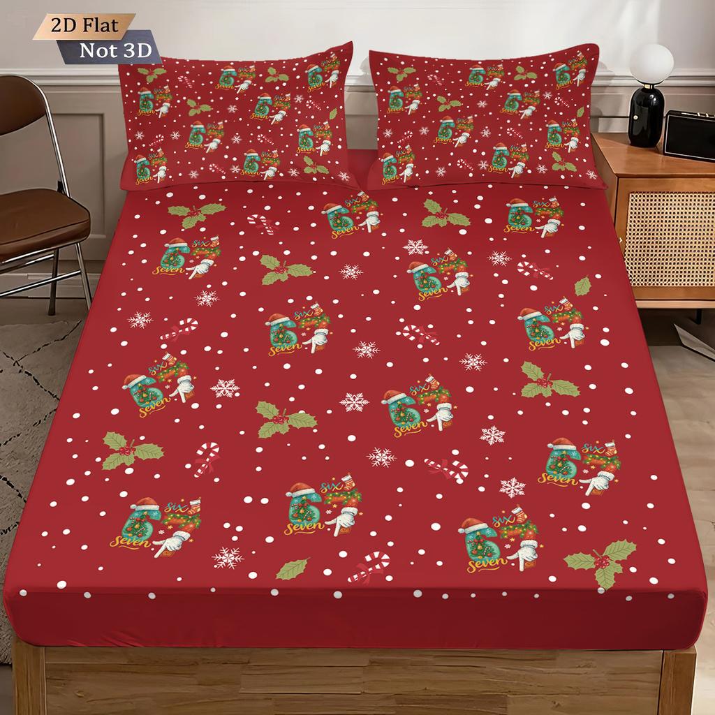 3pcs Merry Christmas 67 Red Printed Chipless Bed Sheet Set Multi Size Soft Bed Cover Bedding Machine Washable