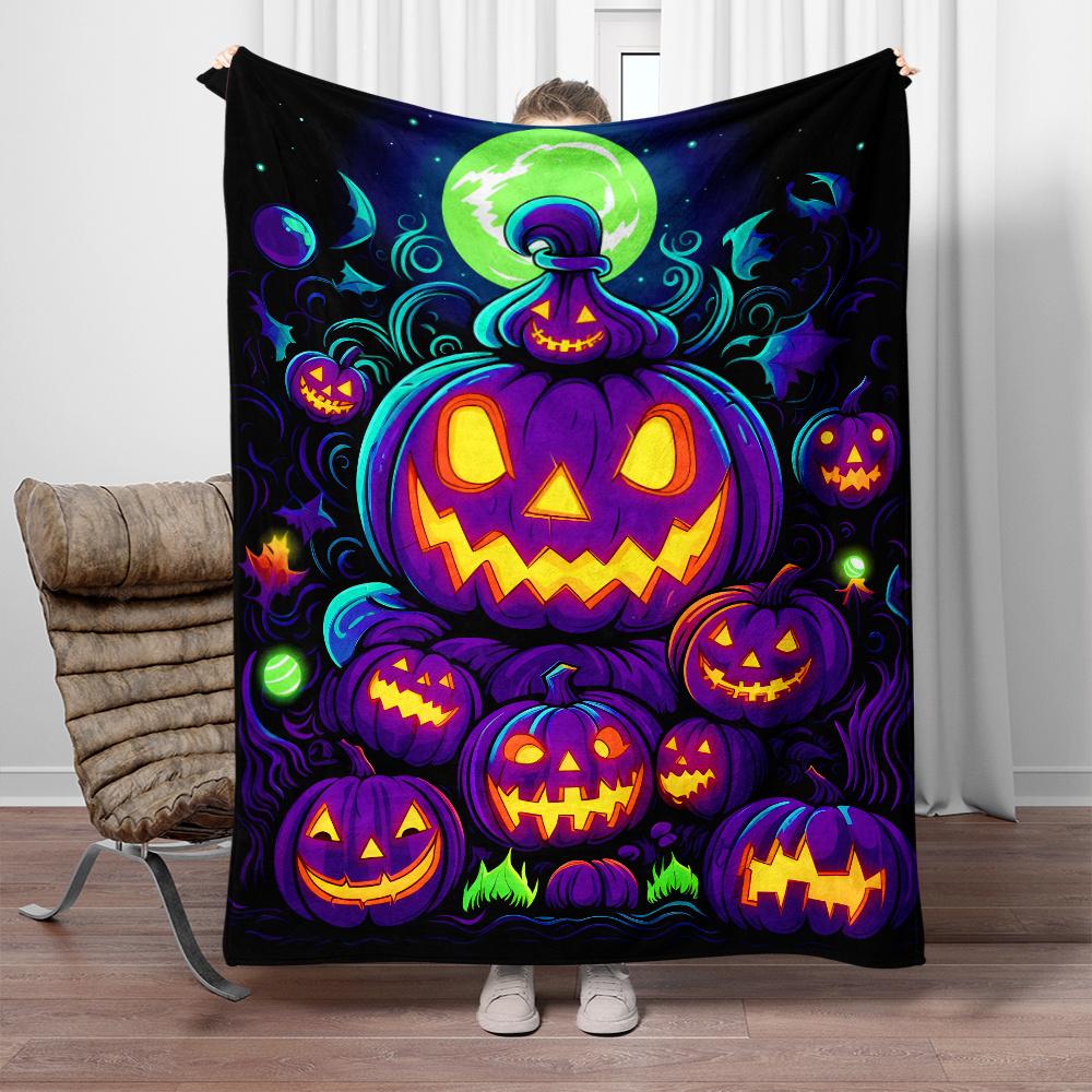 Halloween Pumpkin Blanket Spooky Haunted Night Party Blanket Purple Jack O Lanterns Glow In Dark Festive Seasonal Decoration