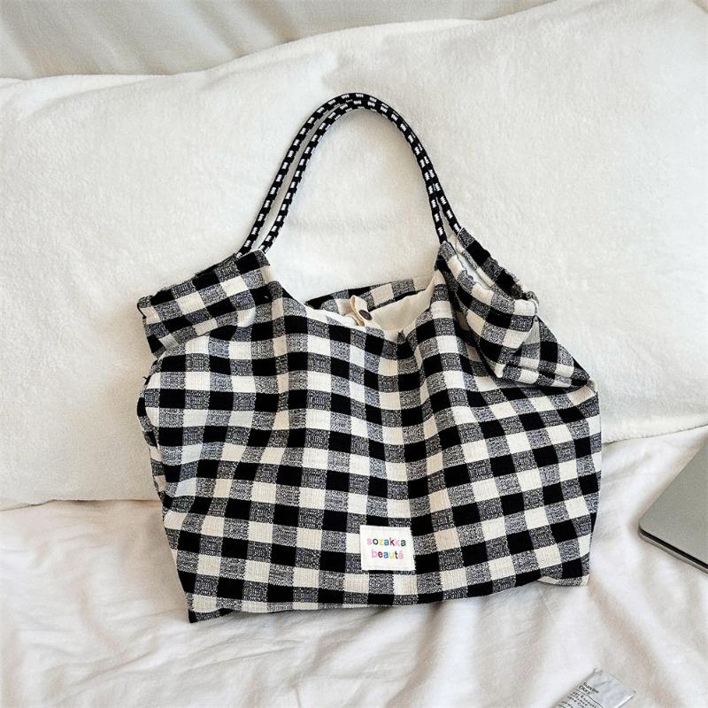 

Повседневная универсальная клетчатая сумка-шоппер на шнурке через плечо большой вместимости кремовая клетчатая сумка для поездок