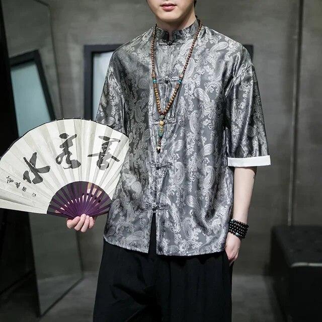 Summer Chinese Style Mens Tang Suit Fashion Solid Traditional Short Sleeve China StyleDragon Pattern Printing Shirt