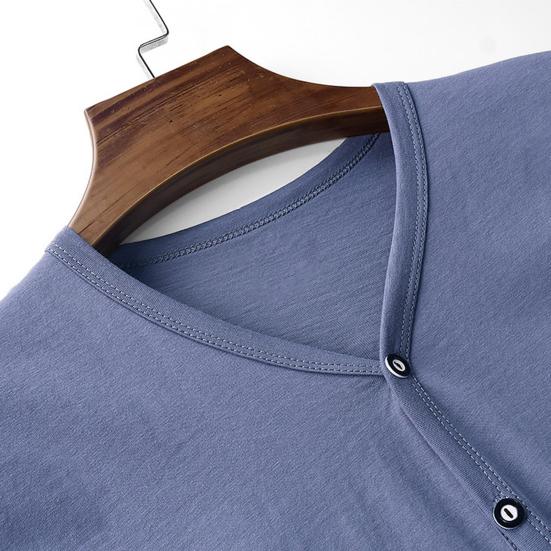 Men Button Down T-shirt Solid Color V-Neck Short Sleeve Tee Shirt Summer