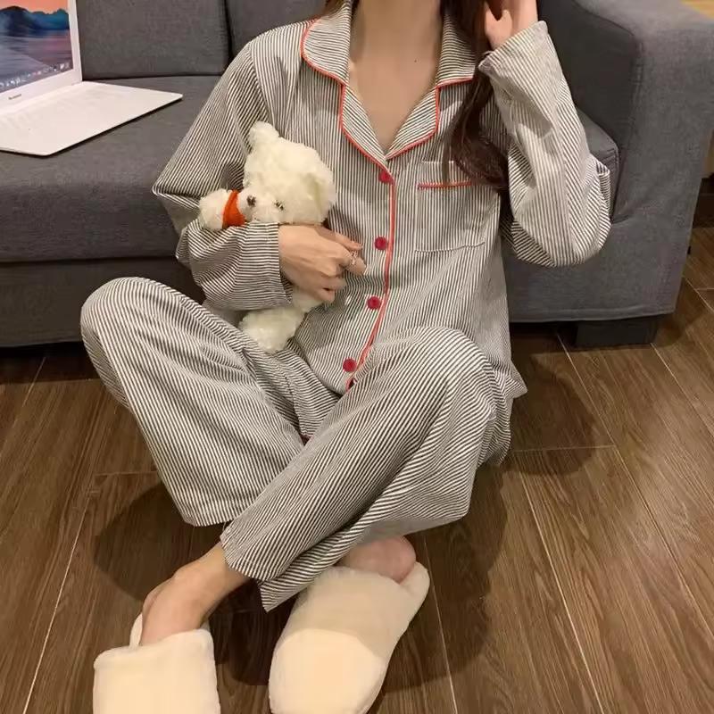 Spring Autumn Pajamas Women's Long Sleeve Trousers Cardigan Striped Sleepwear Loungewear Two Piece Set Ladies Nightwear Homewear