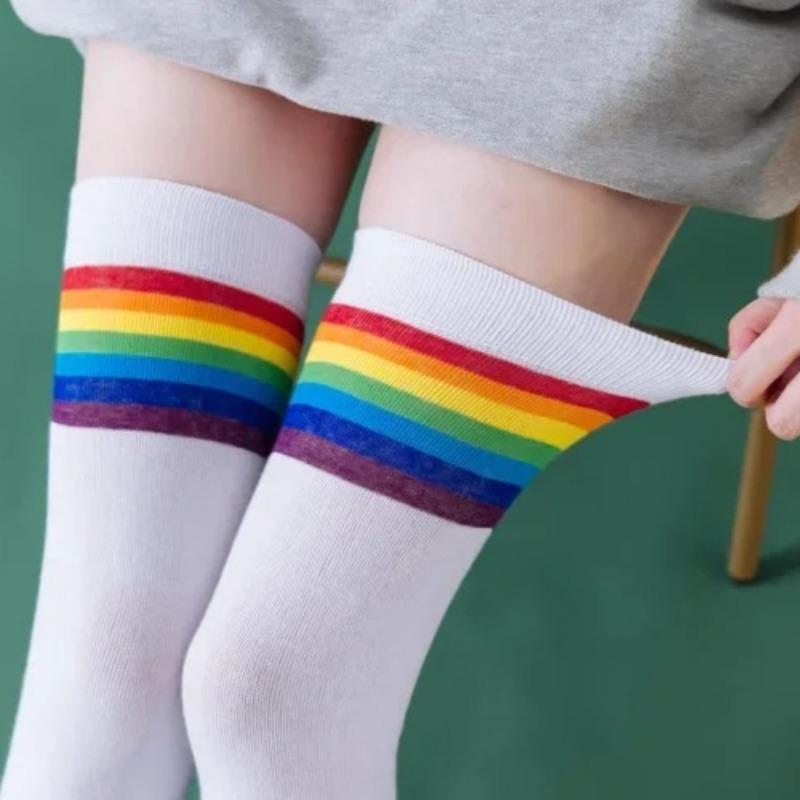 Womens Thigh High Stocking Rainbow Striped Ladies Girls Black White Long Winter Over Above Knee Socks Blue Y2K Japanese Femboy
