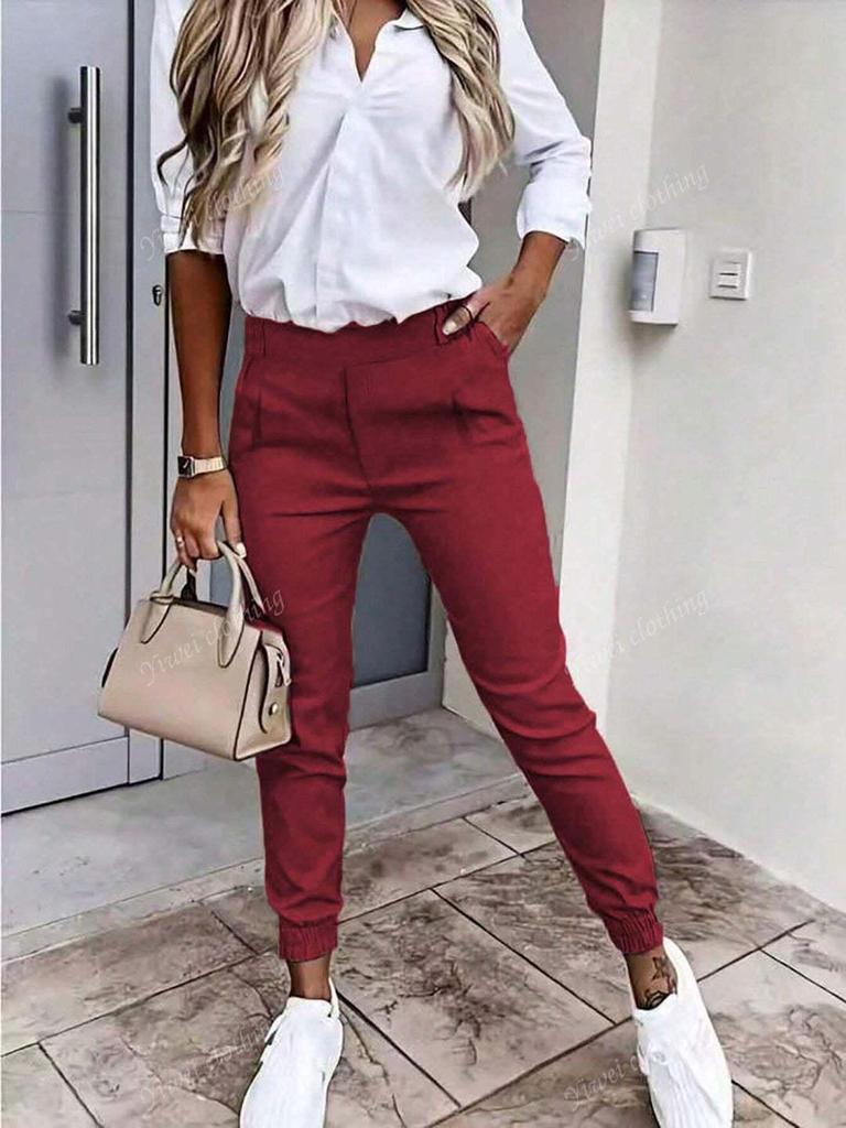 Europäische & Amerikanische Damen High-Waist Plissee Slim-Fit Jogginghosen mit Elastischen Bündchen - Lässige Bürohosen