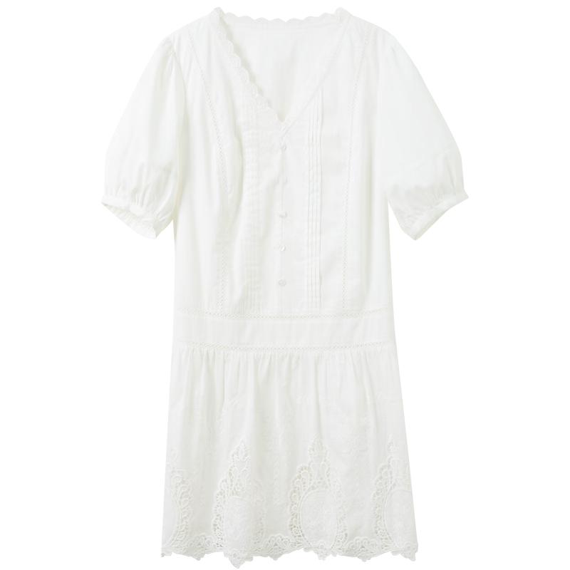 Sancai 2026 Summer Embroidered V-Neck Bubble Sleeve A-Line Short Dress S