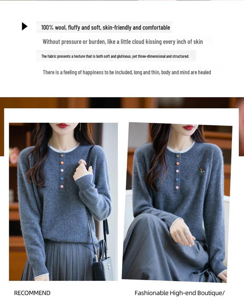 Women's Color Block Embroidered Wool Sweater - Round Neck, Fake Two-Piece Loose Knitwear (2025 Autumn/Winter)