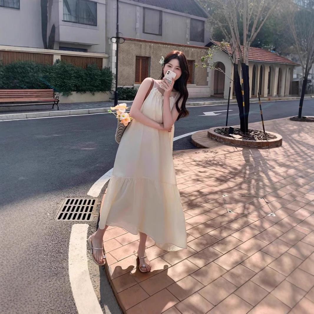 

Women s 2024 Summer Apricot French Slimming Mid-Length Sling Dress XL