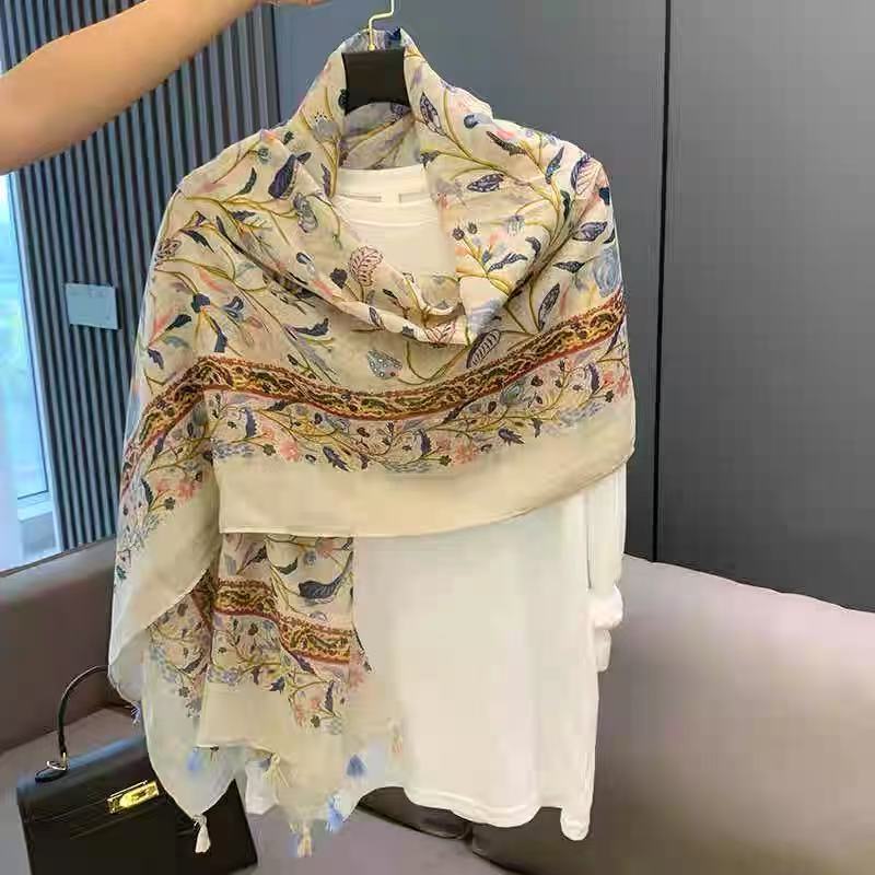 Sunscreen Shawl Spring and Summer Soft Cotton and Linen Feel Long Scarf Female Plain and Elegant Flower Fringed Silk Scarf