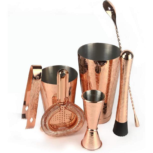 SKY FISH Bartender Kit Cocktail Shaker Set-6 Pieces Stainless Steel Copper Plated Etching Bar Tools with Boston Shaker Tins,Mixing Spoon,Mojito