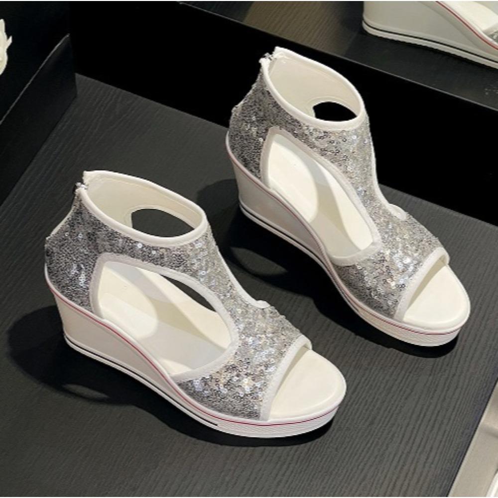 Sandals Women's Summer Slope Heel Open-toed Hollowed-out Women's Shoes 2025 New Version 8CM Beaded High-top Fish Mouth Sandals