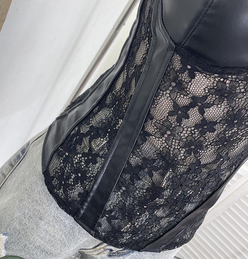 American Spicy Girl Lace PU Leather Patchwork See-Through Camisole with Chest Pads and Shirred Back Top