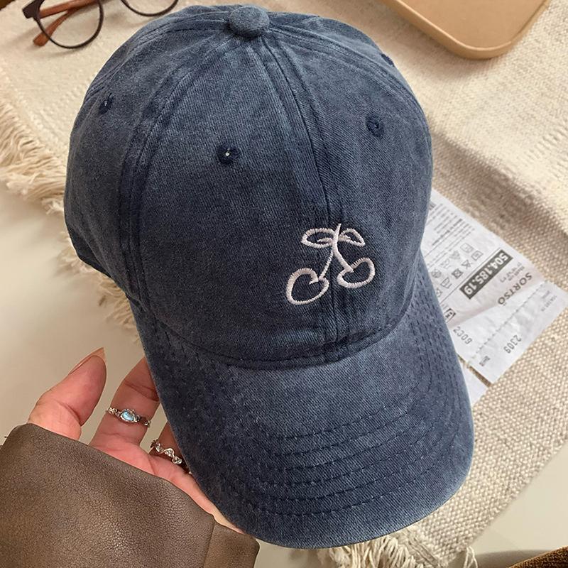 

Women Washed Cotton Baseball Cap Solid Color Cherry Embroidery Duck Tongue Cap Adjustable Outdoor Ladies Sun Hat Adjustable
