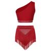 Completo Modern Dance da Donna con Strass Monospalla Top Corto Arricciato Pantaloncini con Frange Costume da Pattinaggio