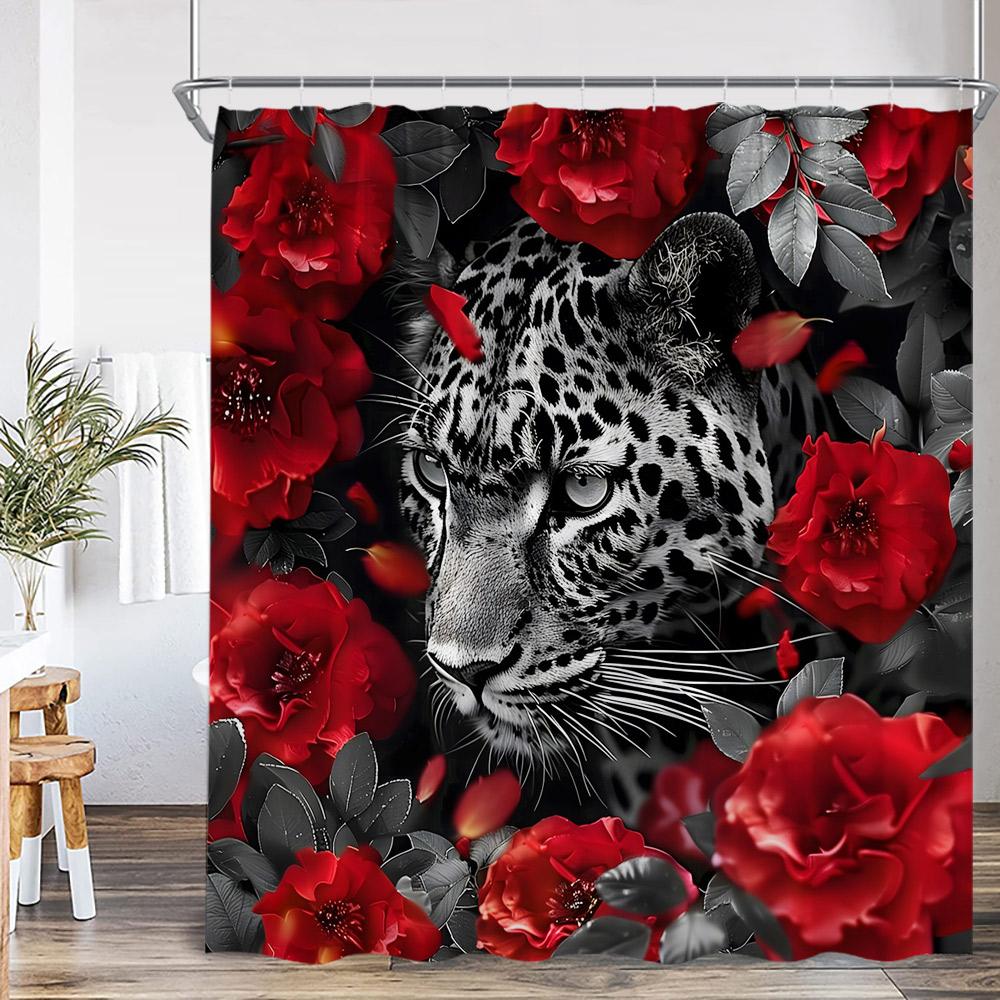 Bathing Leopard Shower Curtain Wild Animal Lion Panther in Bathtub Floral Bathroom Decor Modern Elegant Polyester Bath Curtain