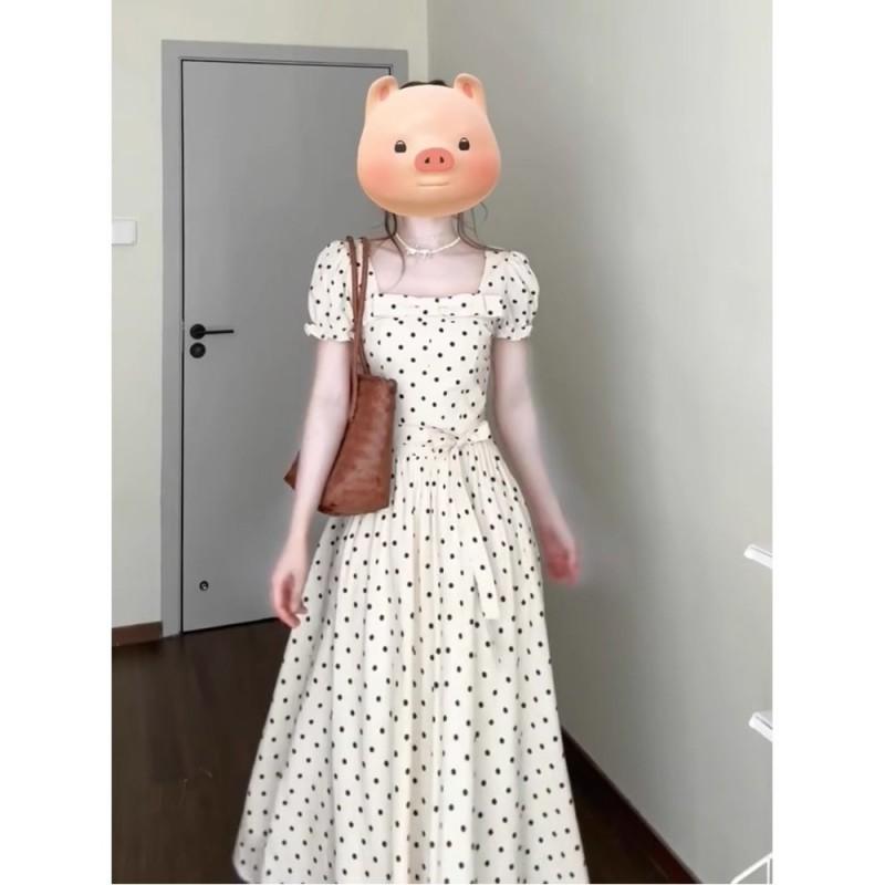 French Retro Niche White Polka Dot Short-sleeved Dress Children's Wear 2026 Temperamental Waist Long
