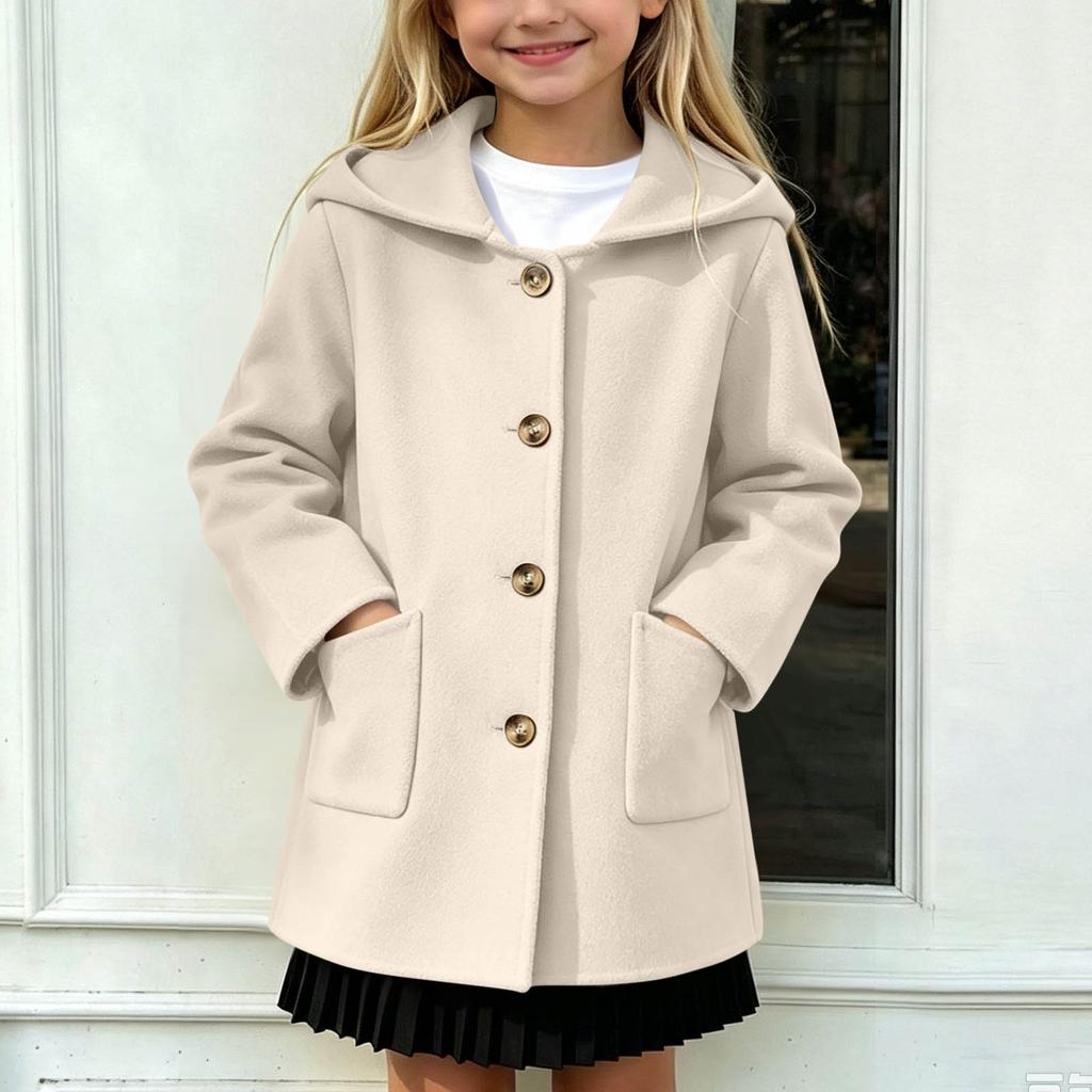 Girls Casual Mid-Length Wool Coat with Lapel and Button Front