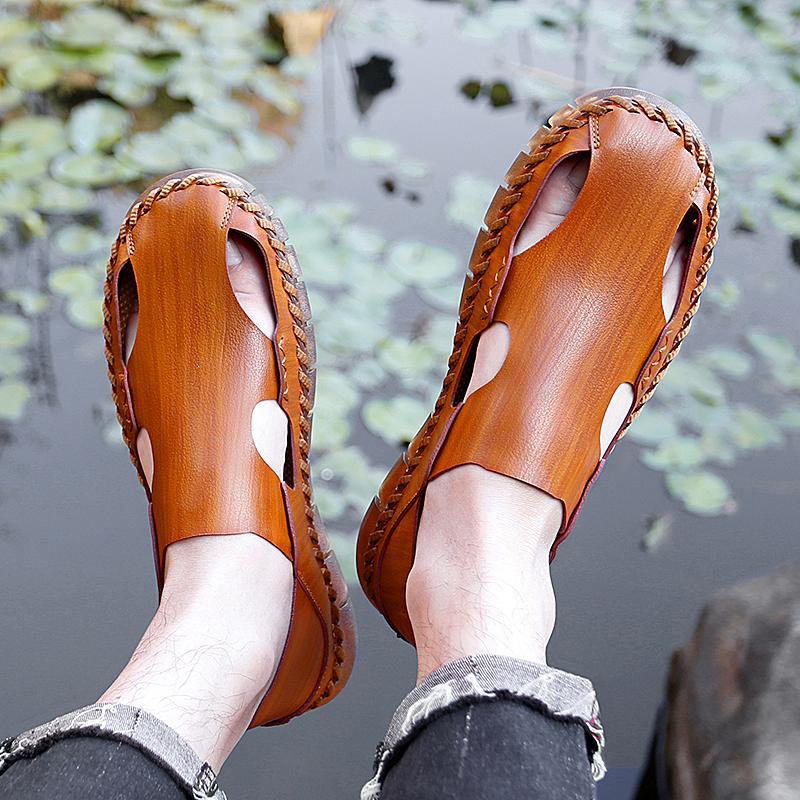 Summer Men Breathable Leather Sandal  Hiking Closed Toe Sandal Hiking Tours Shoes Outdoor Lightweight Anti Slip Camping Slippers