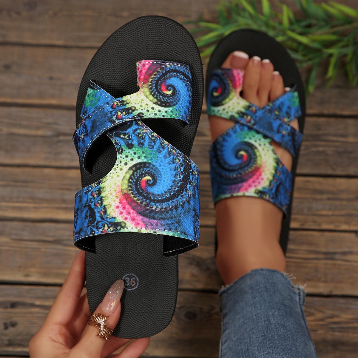 

Bohemian Women s Sandals Breathable Slip-on Slides with Colorful Patterns Rubber Sole Flat Heel Beach, Pool, Summer Sandals 43 синій