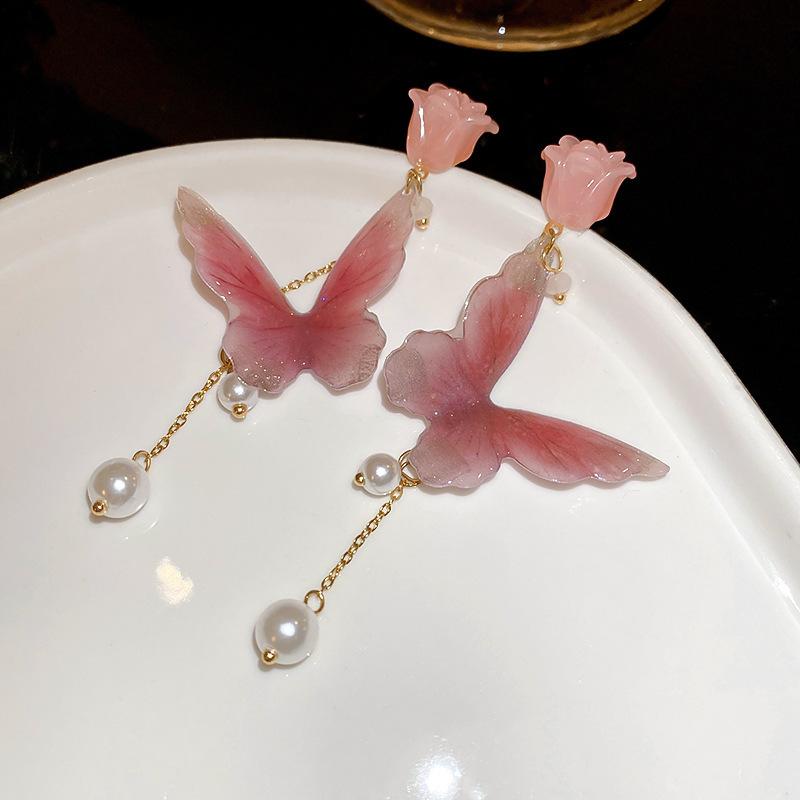 Pink resin flower butterfly pearl fringed earrings fashion stud earrings light luxury high temperament earrings women