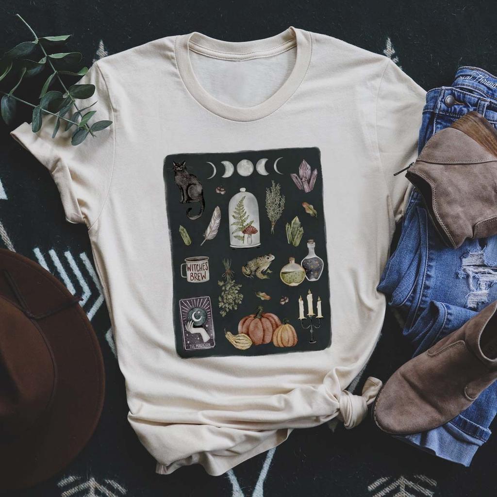 Vintage Botanical Graphic T Shirt Unisex Women Unisex Mushroom Witchy Shelf Print Casual Short Sleeve Summer Top Tees