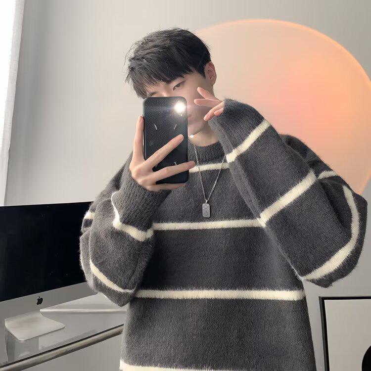 Herbst-/Winter-Herren-Strickjacke mit Streifen, lässiger Stil, koreanischer Stil, Stehkragen, vielseitig für Paare.