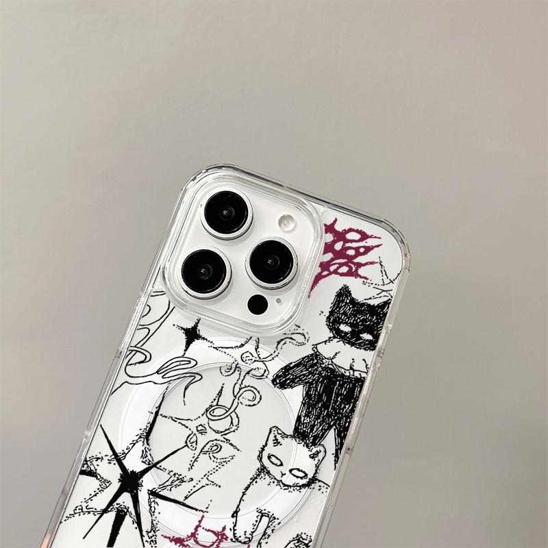 Cool Graffiti Cat Wireless Charging Case for iPhone 17 Air 16 E 15 14 Plus 13 12 Mini 11 Pro Max Transparent Silicone Edge Cover
