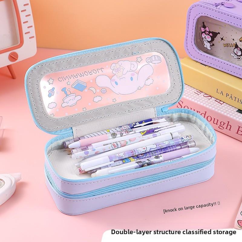 Kuromi Hello Kitty Melody Cinnamoroll Transparente doppelwandige Federtasche für Kinder und Schüler