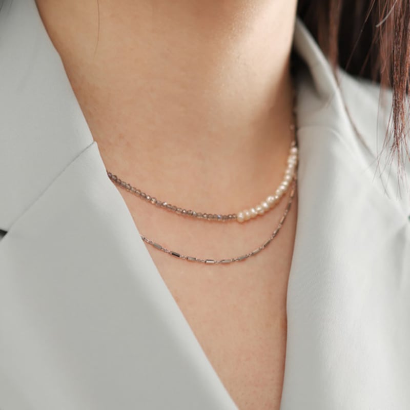 ozel Silver 925 Labradorite Fresh Water Pearl Layered Necklace PS113N