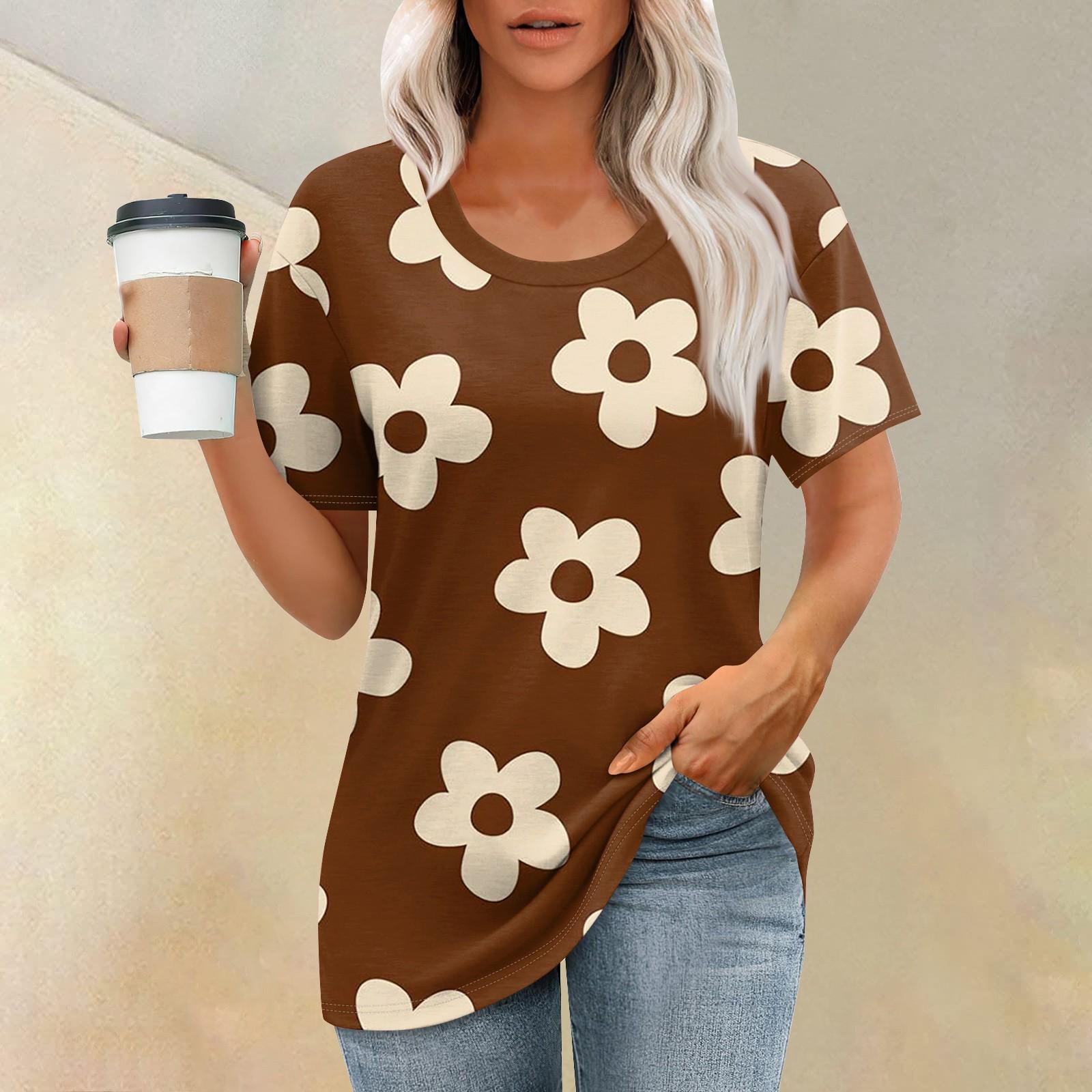 

Женская футболка с принтом, короткий рукав, повседневная, выходного дня, модная, базовая, с круглым вырезом, обычная, летняя L кофейный