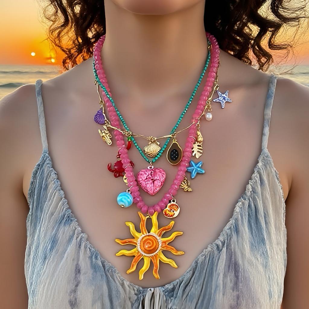 Light luxury ocean vacation style color dopamine multi-layer stacking alloy sun face pendant necklace female