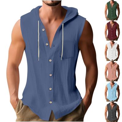 Men's Casual Sleeveless Shirt Cotton Linen Hooded Fashionable  Color Loose Vest Top