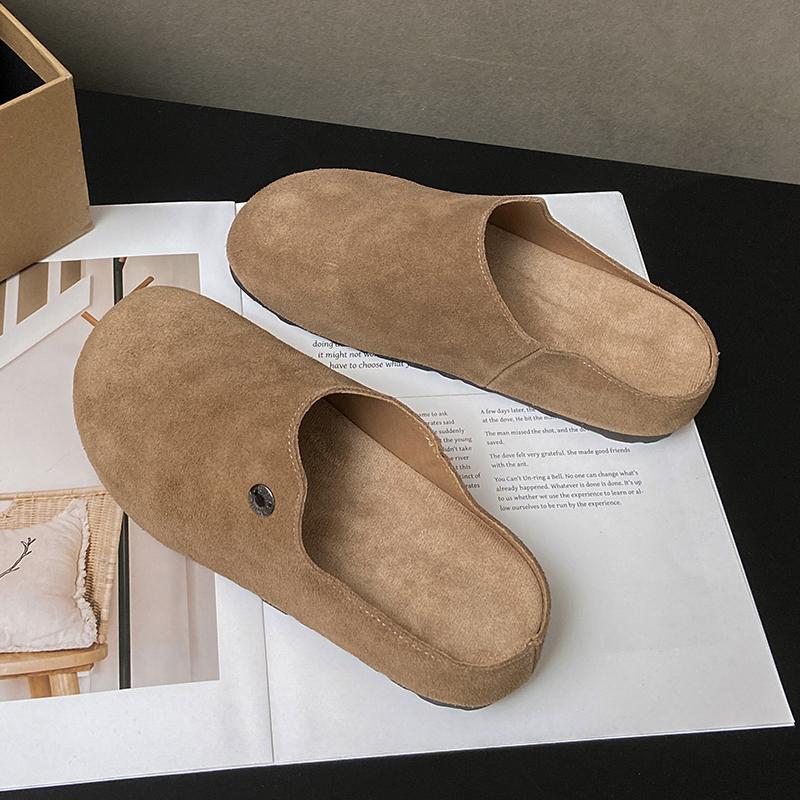 Fashion Women's Fashion Baotou Flat Shoes Spring New Round Head Deep Mouth Suede Rivet Anti-slip Wear-resistant Slippers